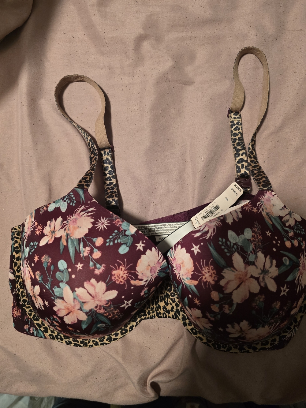 Floral & Leopard Print T-Shirt Bra - Burgundy Floral